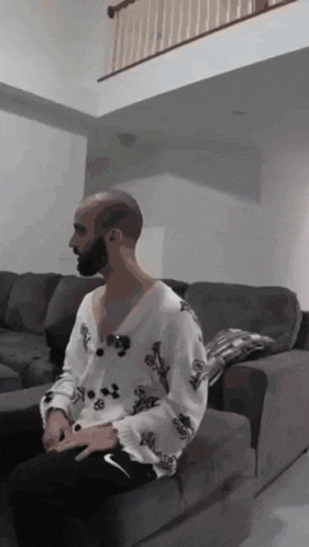 a bald man with a beard is sitting on a couch in a living room
