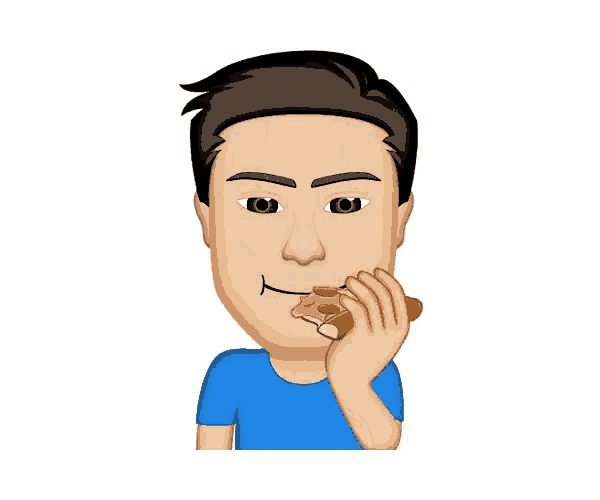 a cartoon man in a blue shirt is eating a slice of pizza