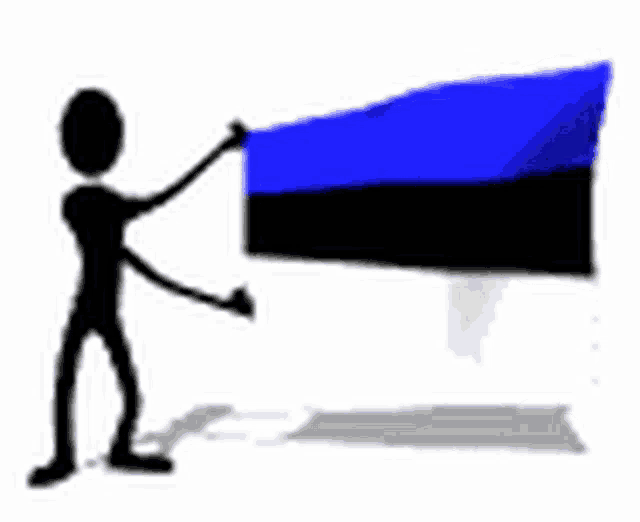 a stick figure is holding up a blue and black flag .