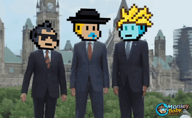 three men in suits are standing in front of a clock tower with monkey baby written in the corner
