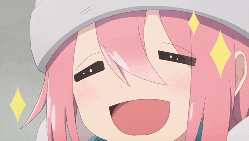 a cartoon character with pink hair and a white hat is smiling