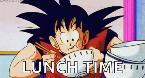 a cartoon of goku eating from a bowl with chopsticks and the words lunch time written below him