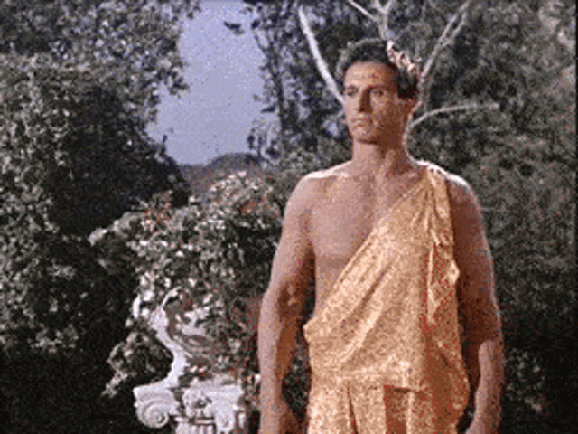 a man in a toga is standing in a garden
