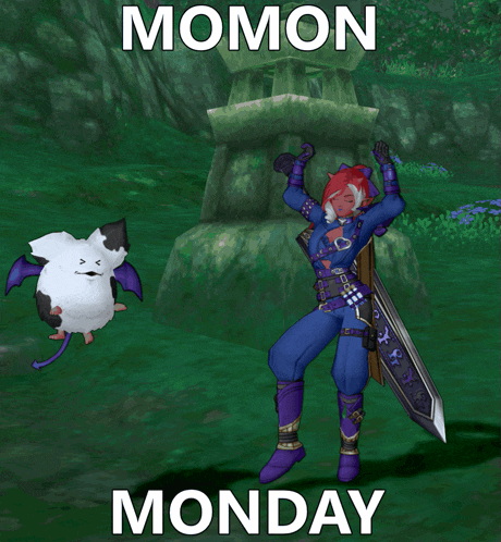 a video game character with a sword and the words momon monday below