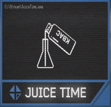 a juice time logo with a beaker and a bottle of juice
