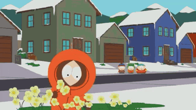 a cartoon of kenny from south park standing in front of some houses