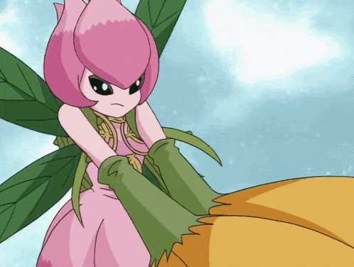 a cartoon character has a pink flower on her head