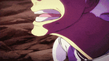 a close up of a person 's face with a purple shirt on