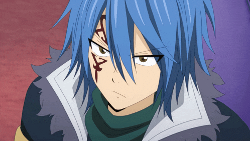a cartoon character with blue hair has a tattoo on his face
