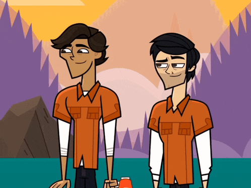 two cartoon characters standing next to each other with one wearing an orange shirt