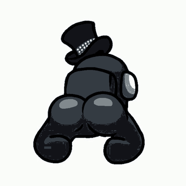 a black among us character is wearing a top hat and a gas mask .