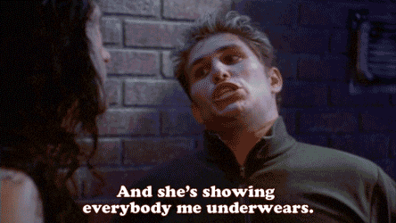 a man is talking to a woman with the words " and she 's showing everybody me underwears "