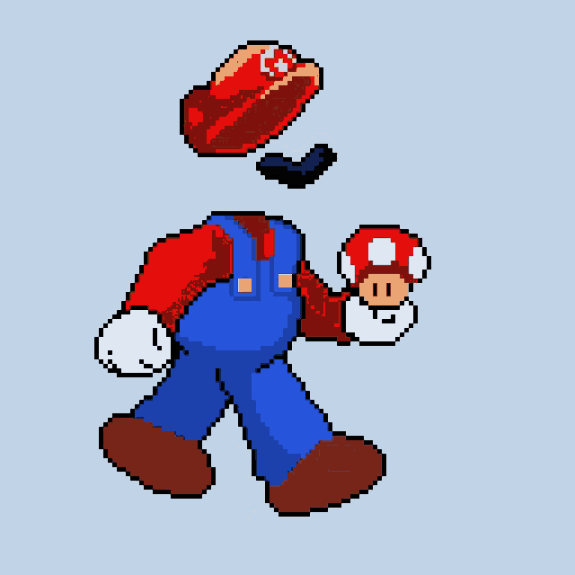 a pixel art of mario holding a mushroom and wearing a red hat