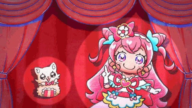a cartoon drawing of a girl and a cat on stage