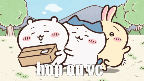 a cartoon of a bear and two rabbits with the words hop on vc written below them
