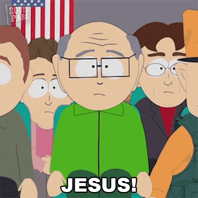 a cartoon character from south park says jesus in front of a group of people