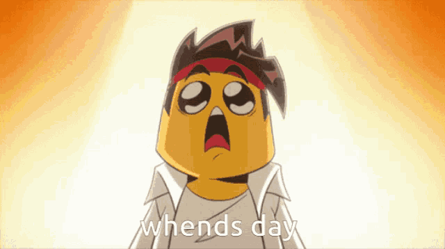 a cartoon character says " whends day " in front of a yellow background