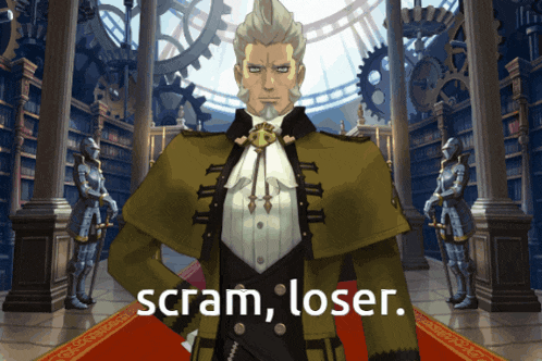 a man in a library with the words scram loser written on the bottom