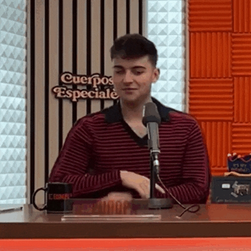 a young man is sitting at a table in front of a microphone in a studio .