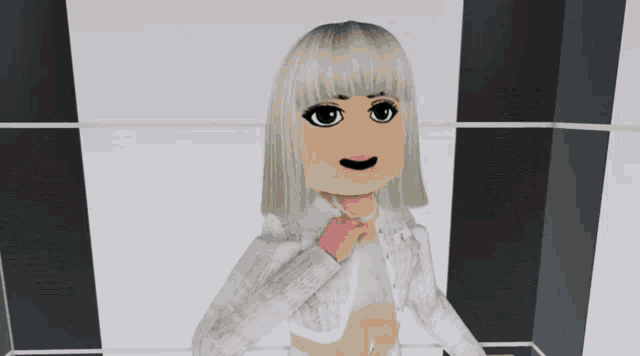 a girl with blonde hair is wearing a white shirt and pearls