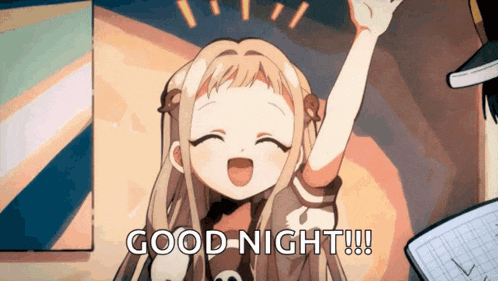 a cartoon girl is holding her arms in the air and says good night .