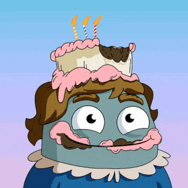 a cartoon character with a cake on his head