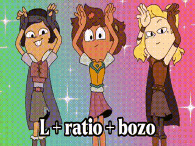 three cartoon characters are standing next to each other with their hands in the air and the words `` l + ratio + bozo '' .