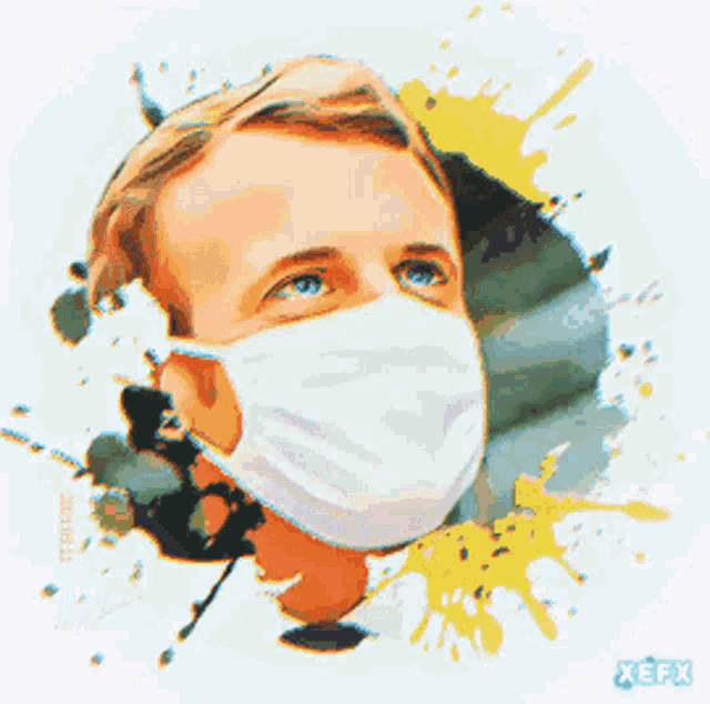 a painting of a man wearing a face mask with xefx written on the bottom
