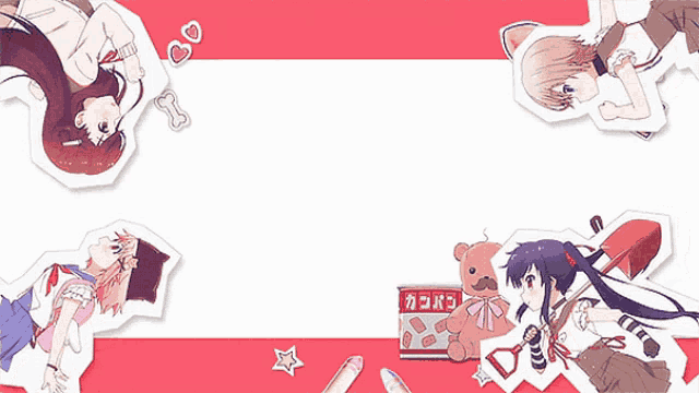 a group of anime characters are laying on a red and white background with a box that says ' カコ ' on it