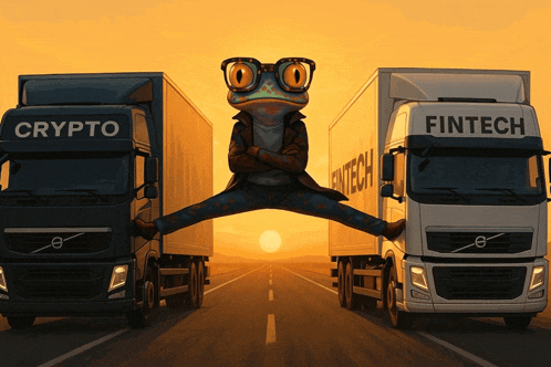 a lizard is jumping between two trucks one of which says fintech