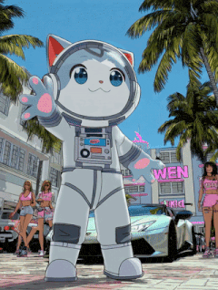 a cartoon drawing of a cat in a space suit standing in front of a building that says wen
