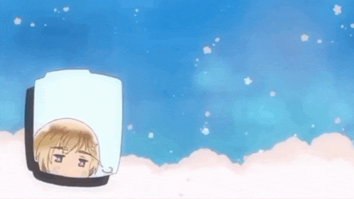 a cartoon character is sitting in a bucket in the snow with a blue sky in the background .