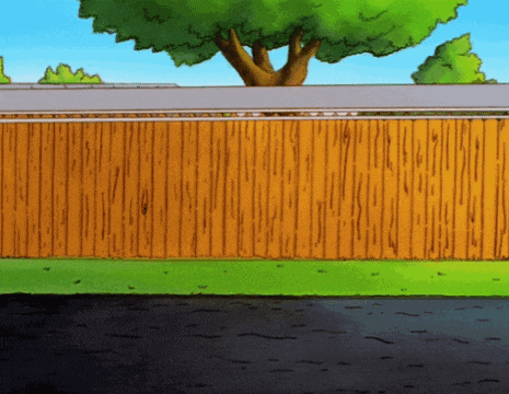 a cartoon scene with a wooden fence and a tree