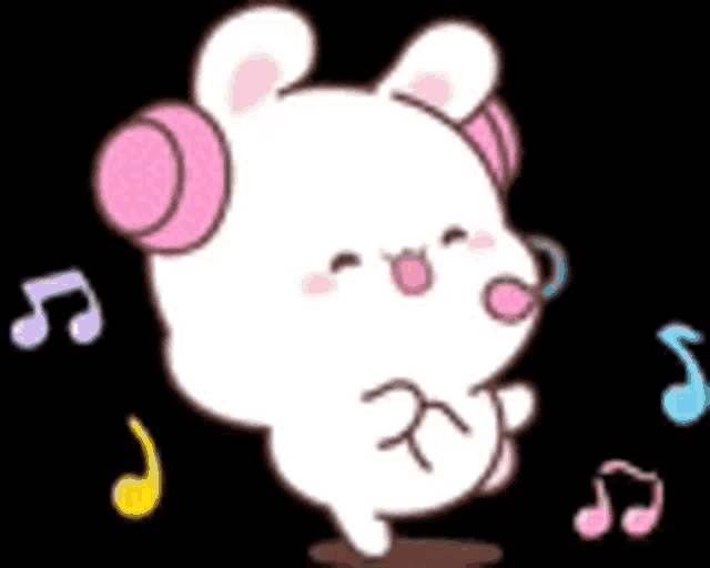 a cartoon rabbit wearing pink headphones is dancing .