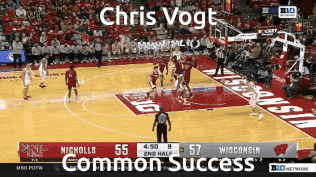 a basketball game between micholls and wisconsin is being broadcast on big network