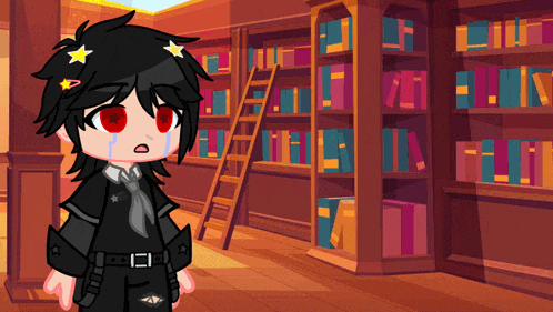 a cartoon of a boy with red eyes standing in front of a library