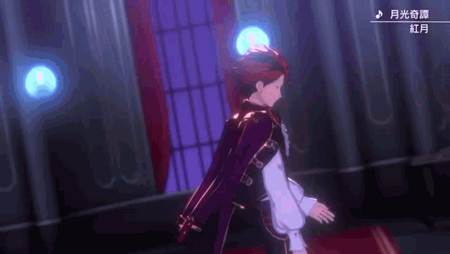 a man with red hair is standing in a dark room with a red carpet .
