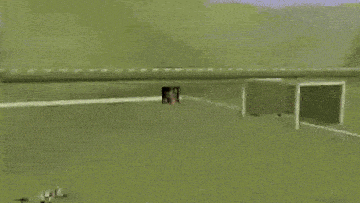 a computer generated image of a soccer field with a soccer goal in the background