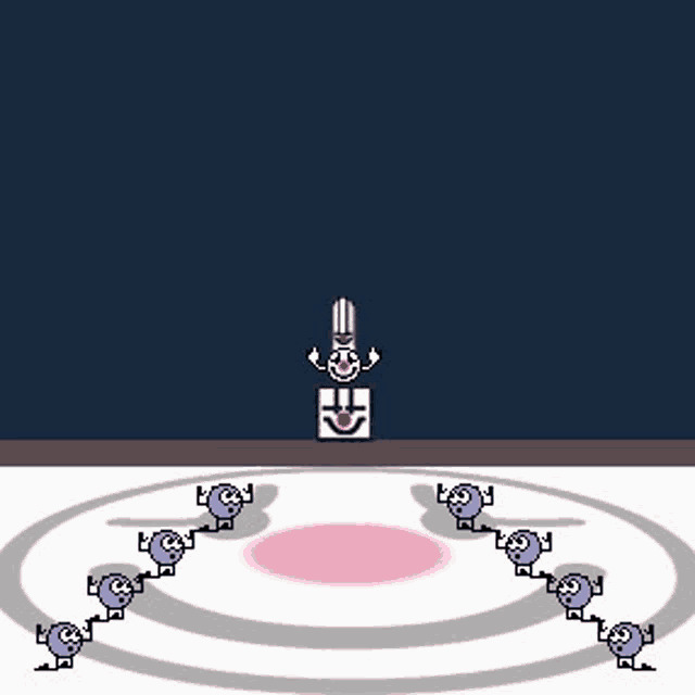 a group of cartoon characters are standing in a circle while lightning strikes behind them