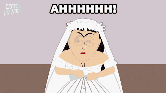 a cartoon of a woman in a wedding dress with the words ahhhh on the bottom