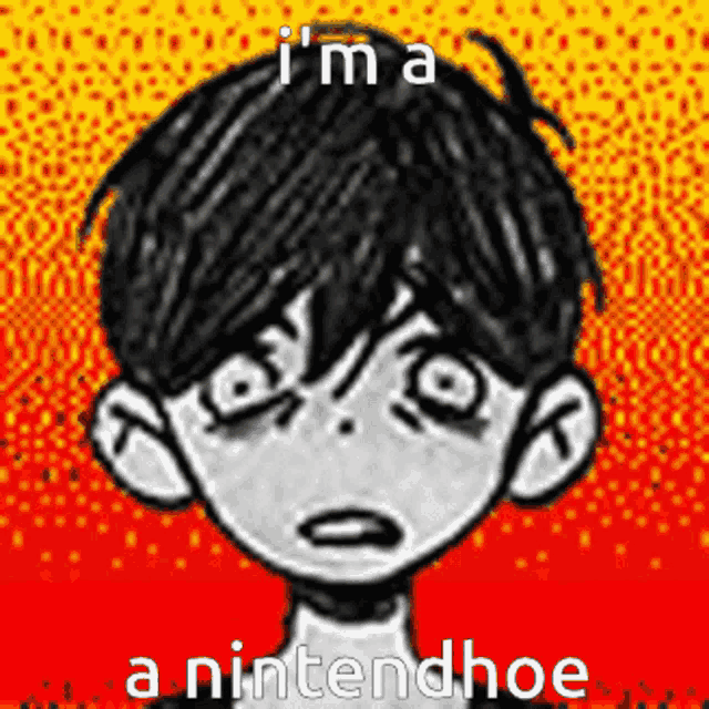 a black and white drawing of a boy with the words " i 'm a nintendooe " below him