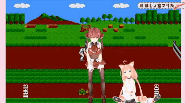 two anime girls are standing in a video game with the words start and goal on the bottom