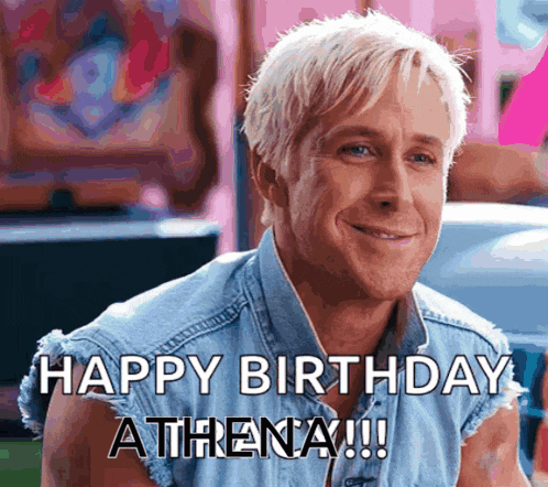 a man in a denim shirt says " happy birthday athena !!! "