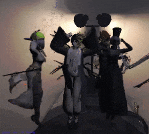 a computer generated image of a group of people dancing in a dark room