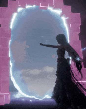 a woman in a long dress is standing in front of a glowing portal