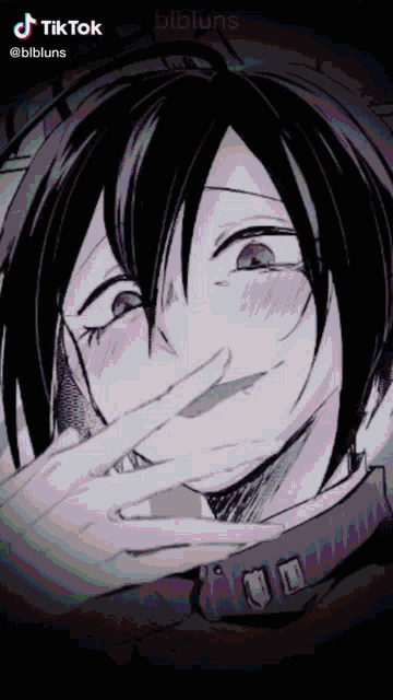 a black and white drawing of a person covering their face with their finger