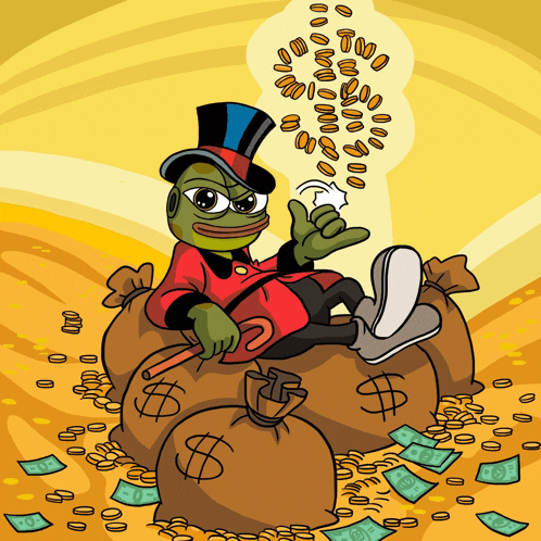 a cartoon of a frog in a top hat sitting on bags of money