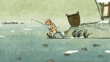 a cartoon drawing of a man fishing in a river