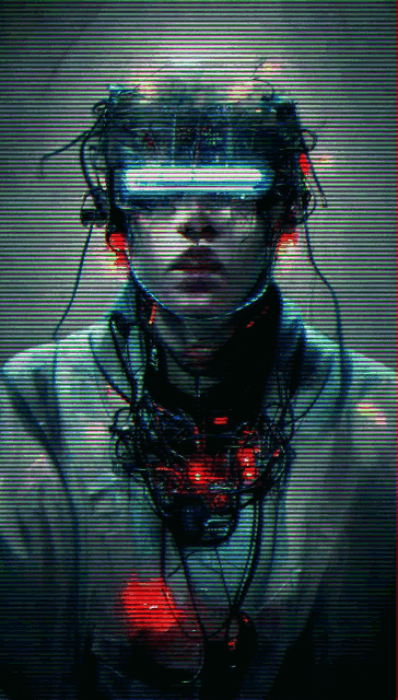 a man wearing headphones and a virtual reality headset looks at the camera