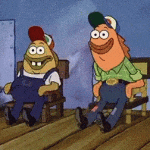 two cartoon characters are sitting next to each other on a wooden deck .